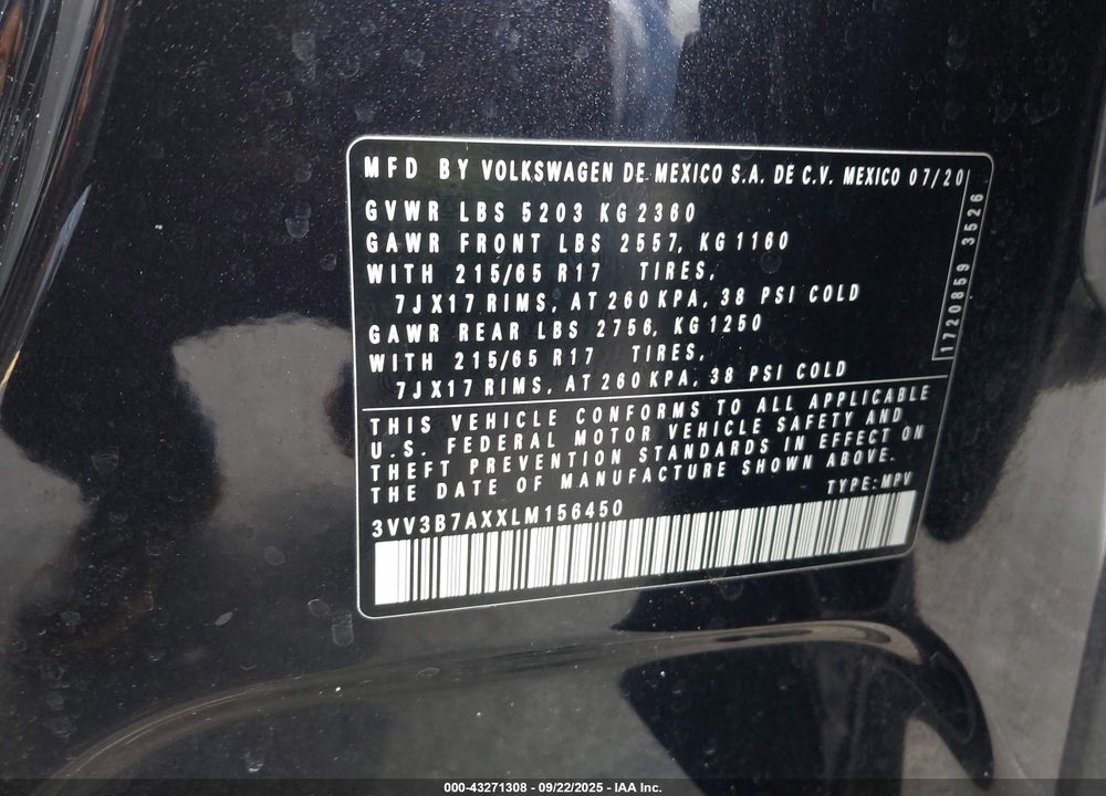 2020 VOLKSWAGEN TIGUAN 2.0T SE/2.0T SE R-LINE BLACK/2.0T SEL VIN: 3VV3B7AXXLM156450