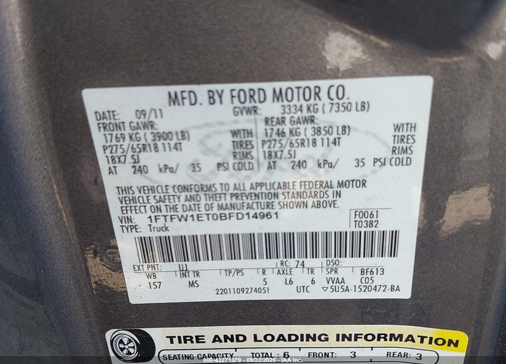 2011 FORD F-150 VIN: 1FTFW1ET0BFD14961