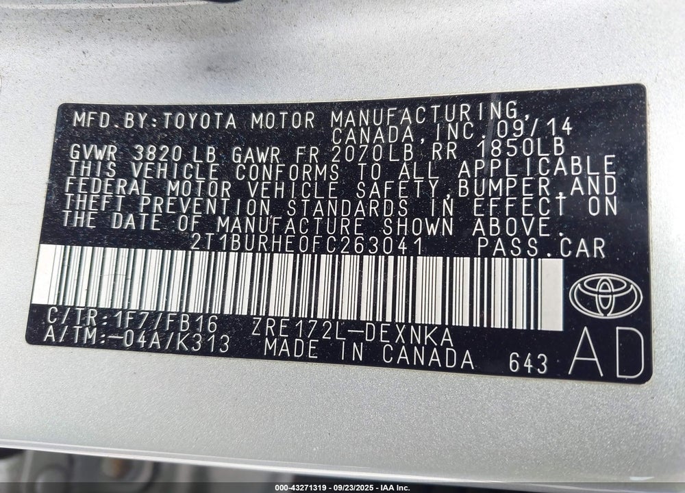 2015 TOYOTA COROLLA VIN: 2T1BURHE0FC263041