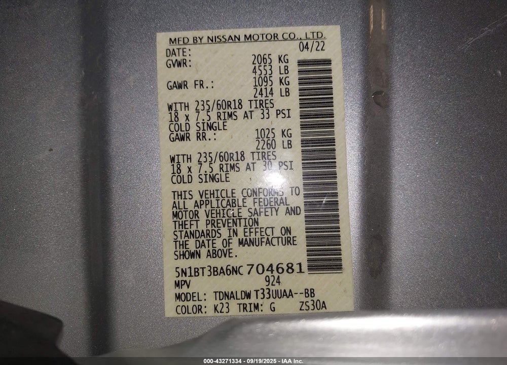 2022 NISSAN ROGUE SV FWD VIN: 5N1BT3BA6NC704681