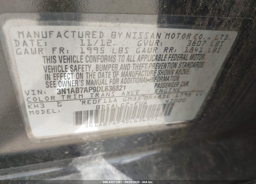 2013 NISSAN SENTRA SL VIN: 3N1AB7AP9DL636821