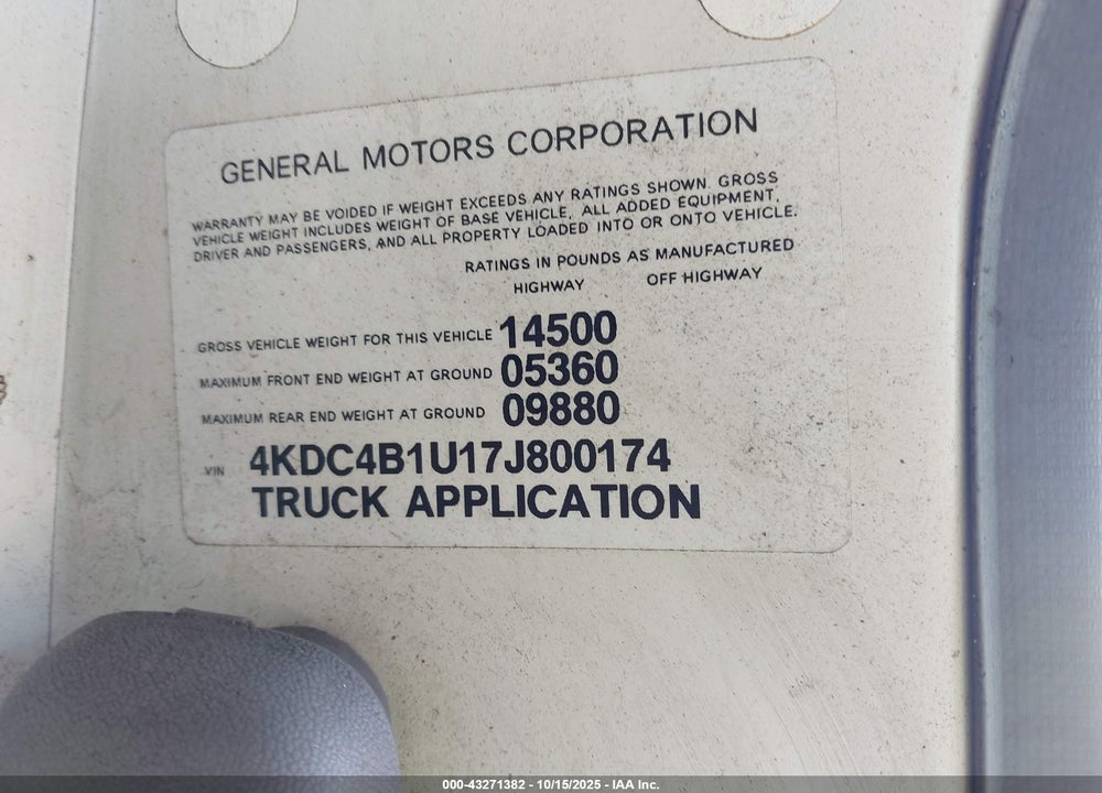2007 GMC W4S042 W4500 HD GAS REG VIN: 4KDC4B1U17J800174