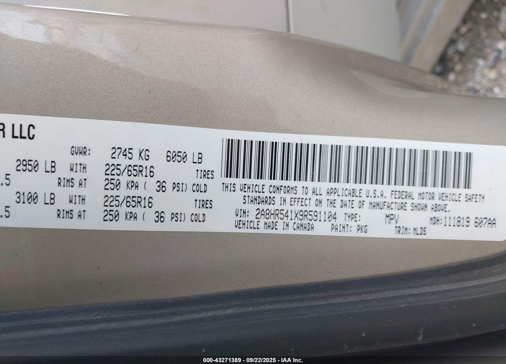 2009 CHRYSLER TOWN & COUNTRY VIN: 2A8HR541X9R591104