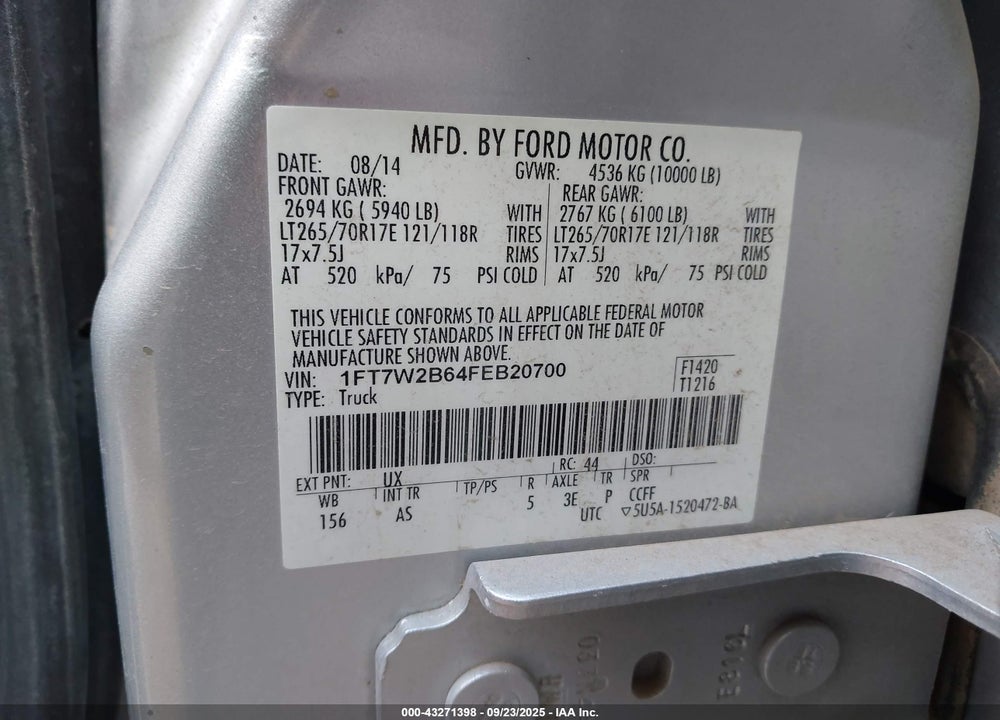 2015 FORD F-250 XL VIN: 1FT7W2B64FEB20700