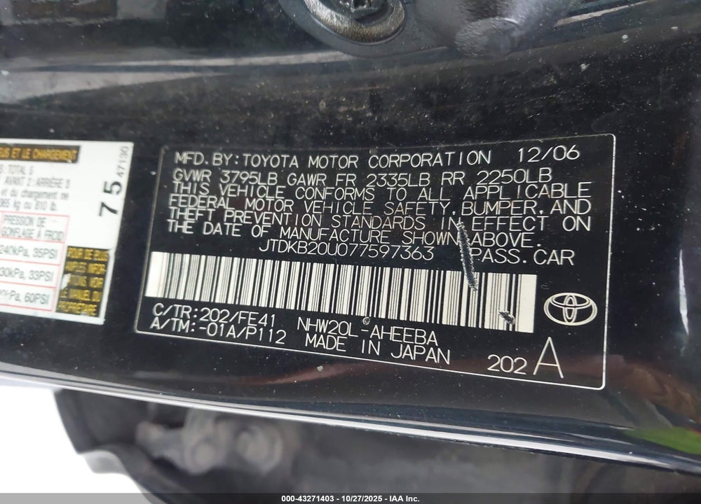 2007 TOYOTA PRIUS VIN: JTDKB20U077597363