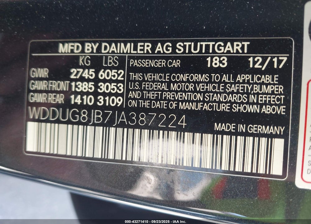 2018 MERCEDES-BENZ S CLASS VIN: WDDUG8JB7JA387224