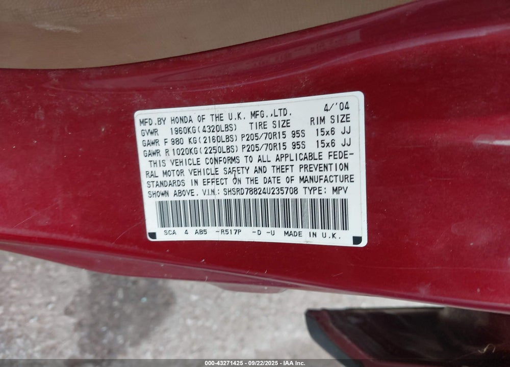 2004 HONDA CR-V EX VIN: SHSRD78824U235708