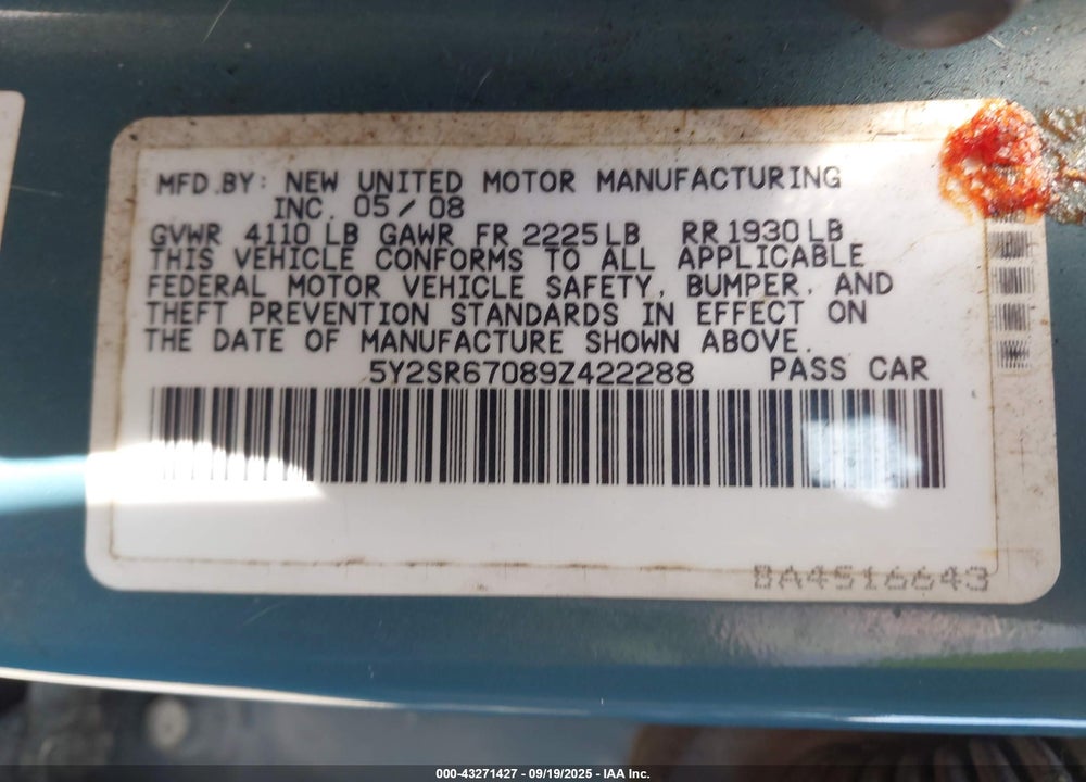 2009 PONTIAC VIBE GT VIN: 5Y2SR67089Z422288