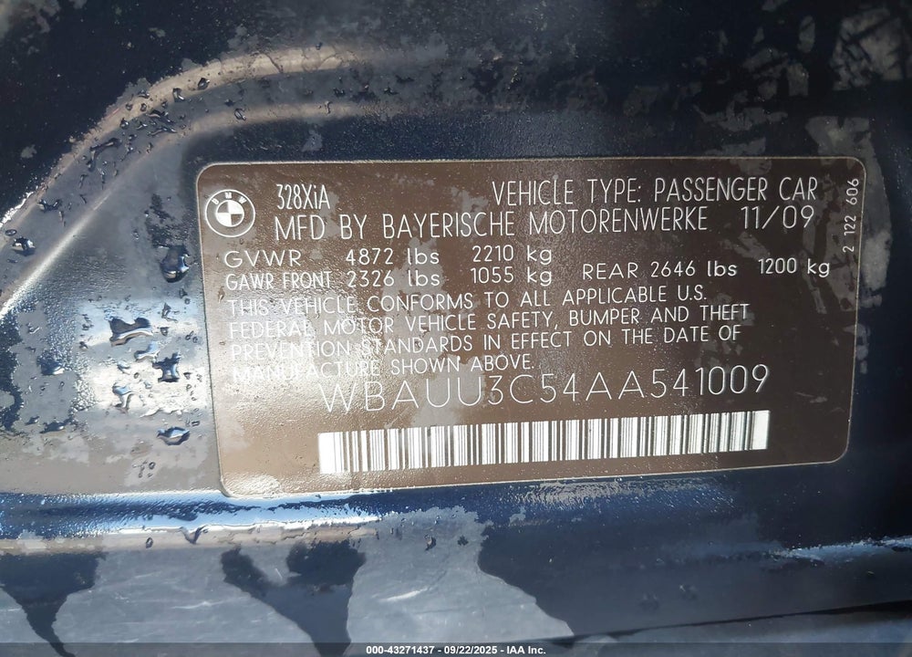 2010 BMW 3 SERIES VIN: WBAUU3C54AA541009