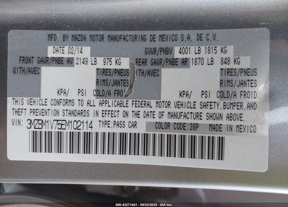 2014 MAZDA 3 VIN: 3MZBM1V75EM102114