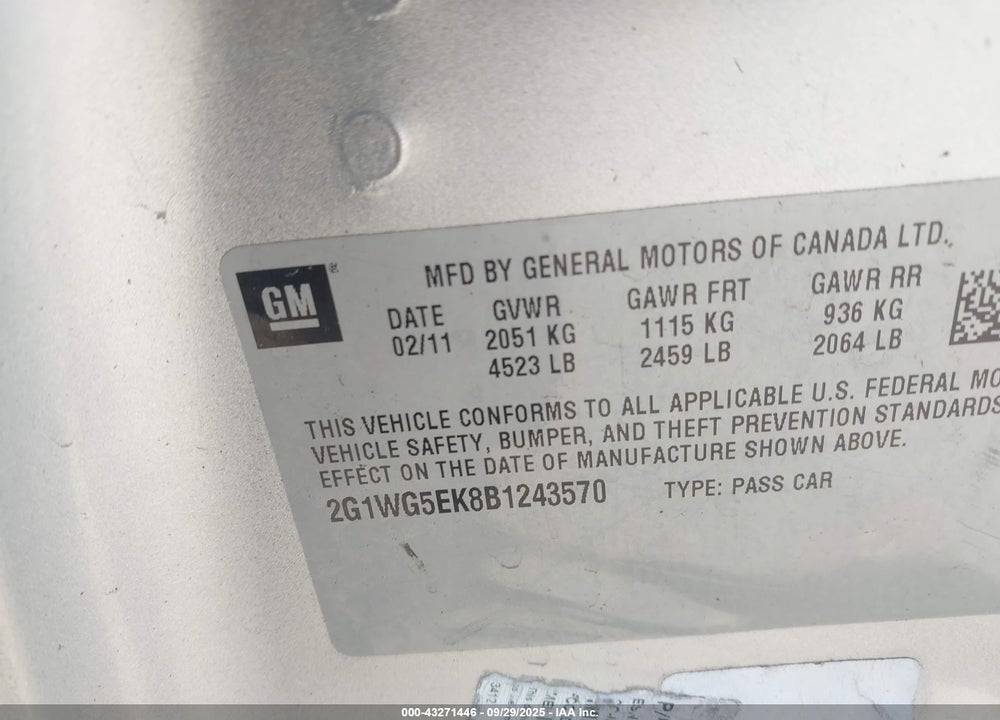 2011 CHEVROLET IMPALA VIN: 2G1WG5EK8B1243570