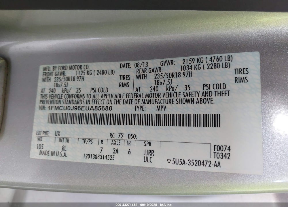 2014 FORD ESCAPE TITANIUM VIN: 1FMCU0J96EUA85680