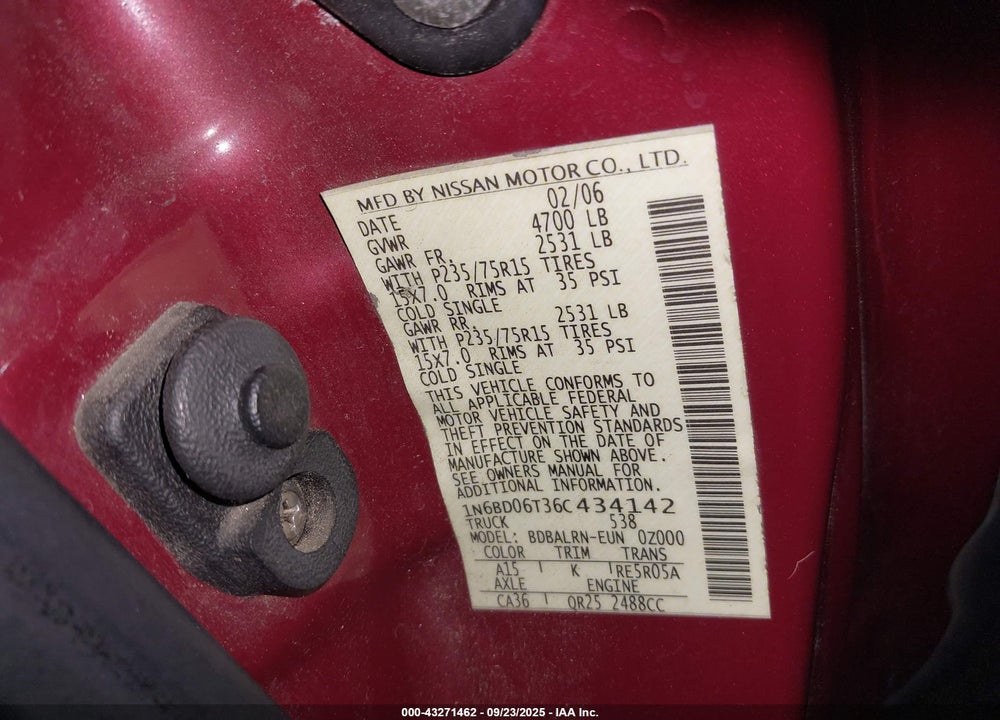 2006 NISSAN FRONTIER XE VIN: 1N6BD06T36C434142