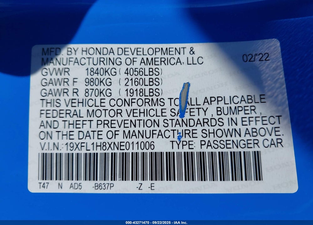 2022 HONDA CIVIC VIN: 19XFL1H8XNE011006
