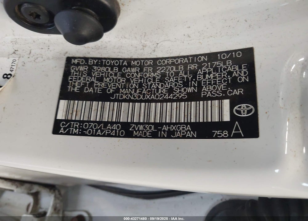 2010 TOYOTA PRIUS IV VIN: JTDKN3DUXA0244295