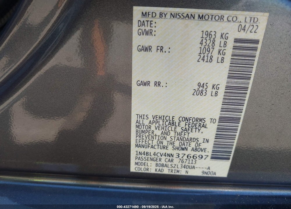 2022 NISSAN ALTIMA VIN: 1N4BL4CV4NN376697
