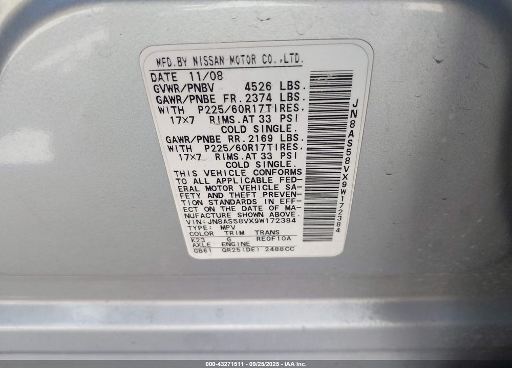 2009 NISSAN ROGUE SL VIN: JN8AS58VX9W172384