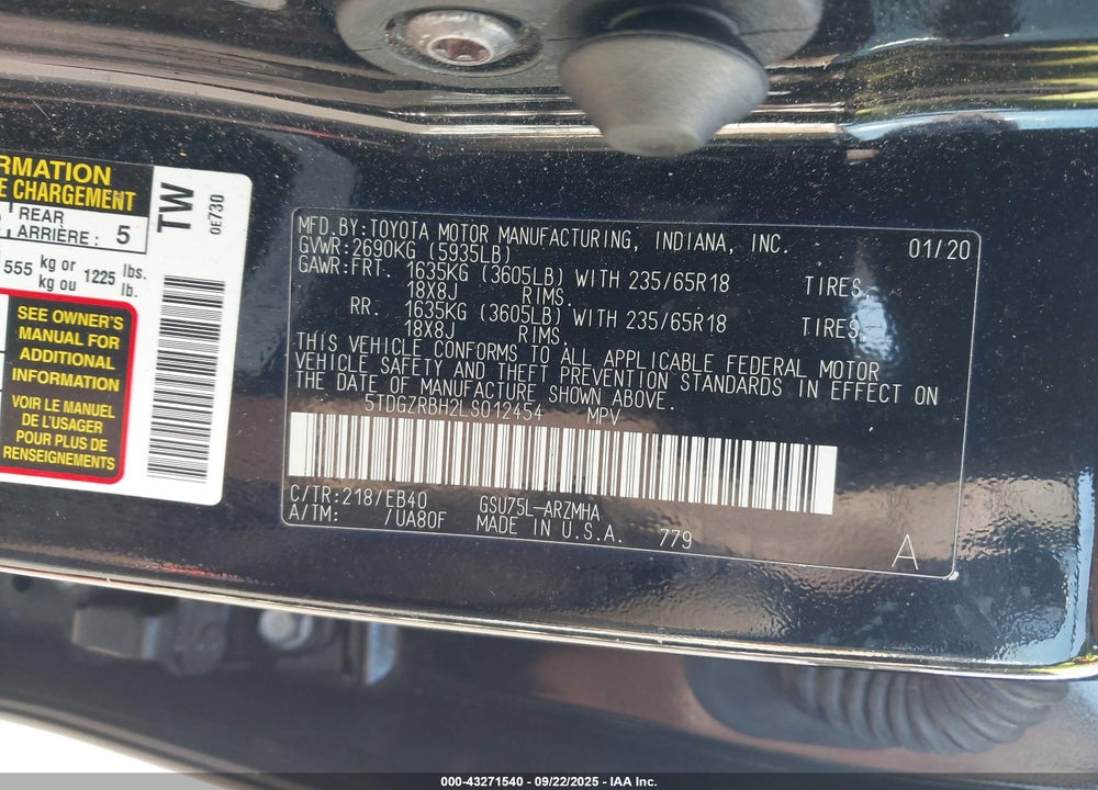 2020 TOYOTA HIGHLANDER VIN: 5TDGZRBH2LS012454