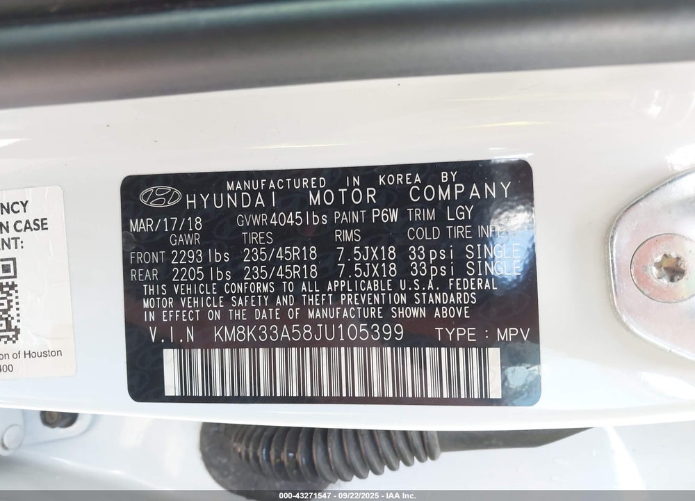 2018 HYUNDAI KONA LIMITED VIN: KM8K33A58JU105399