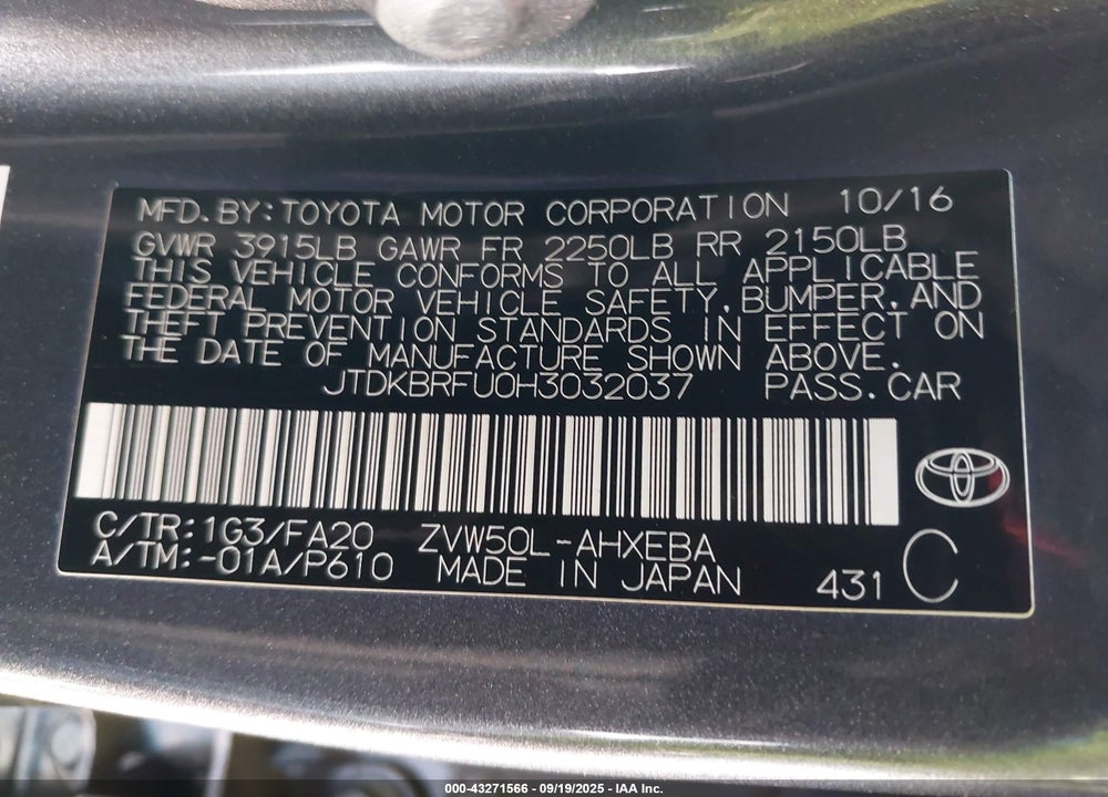 2017 TOYOTA PRIUS TWO VIN: JTDKBRFU0H3032037