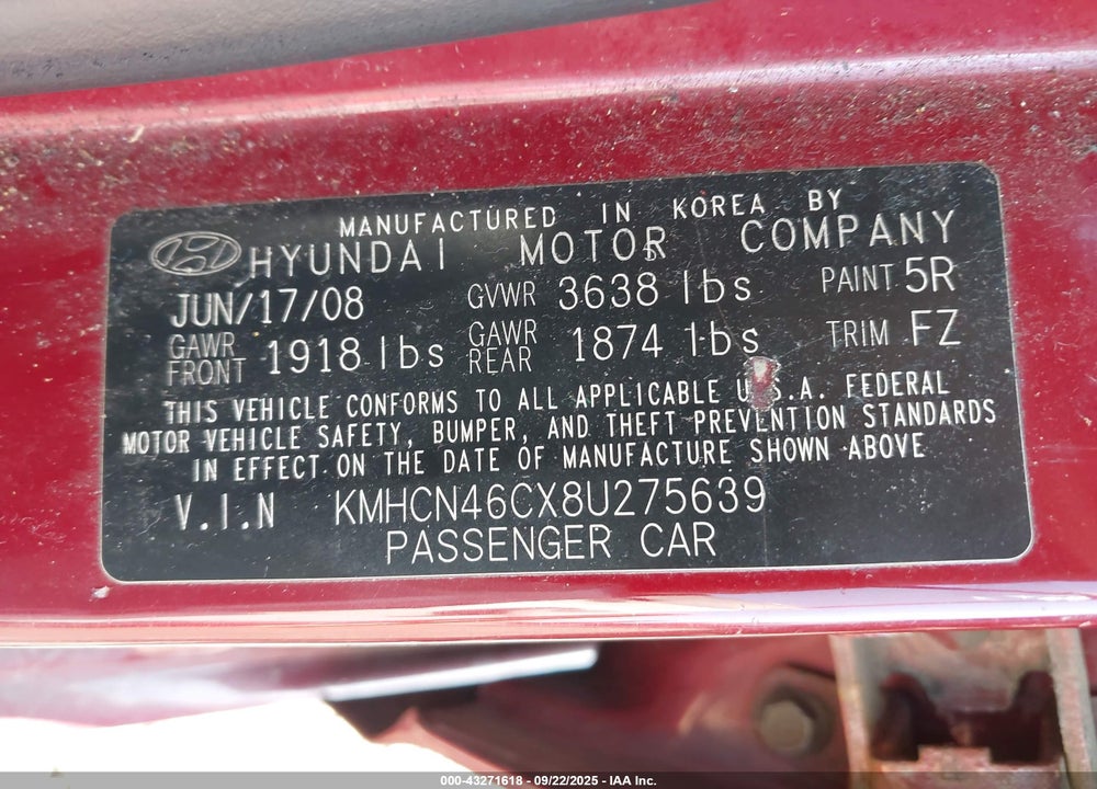 2008 HYUNDAI ACCENT VIN: KMHCN46CX8U275639