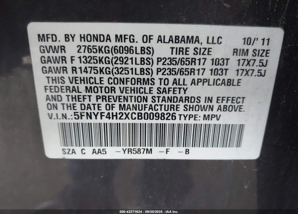 2012 HONDA PILOT VIN: 5FNYF4H2XCB009826