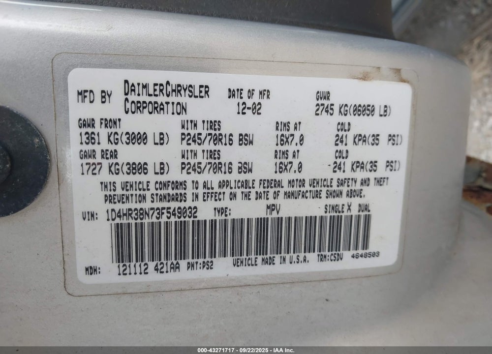 2003 DODGE DURANGO SPORT/SXT VIN: 1D4HR38N73F549032