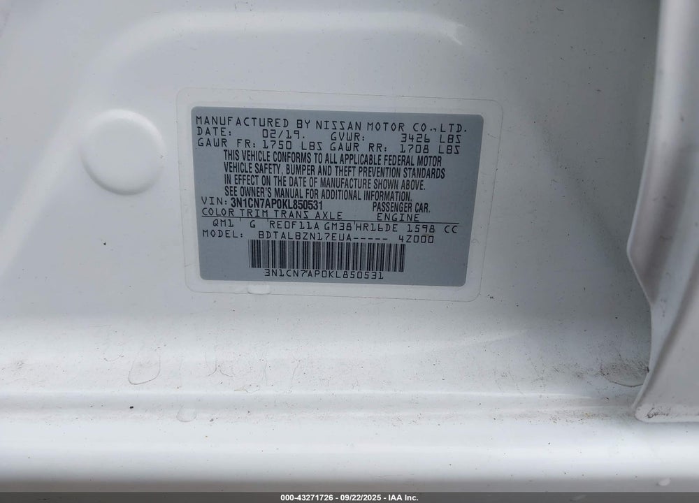2019 NISSAN VERSA 1.6 SV VIN: 3N1CN7AP0KL850531
