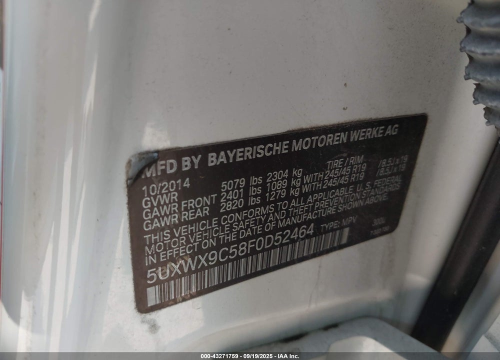 2015 BMW X3 VIN: 5UXWX9C58F0D52464