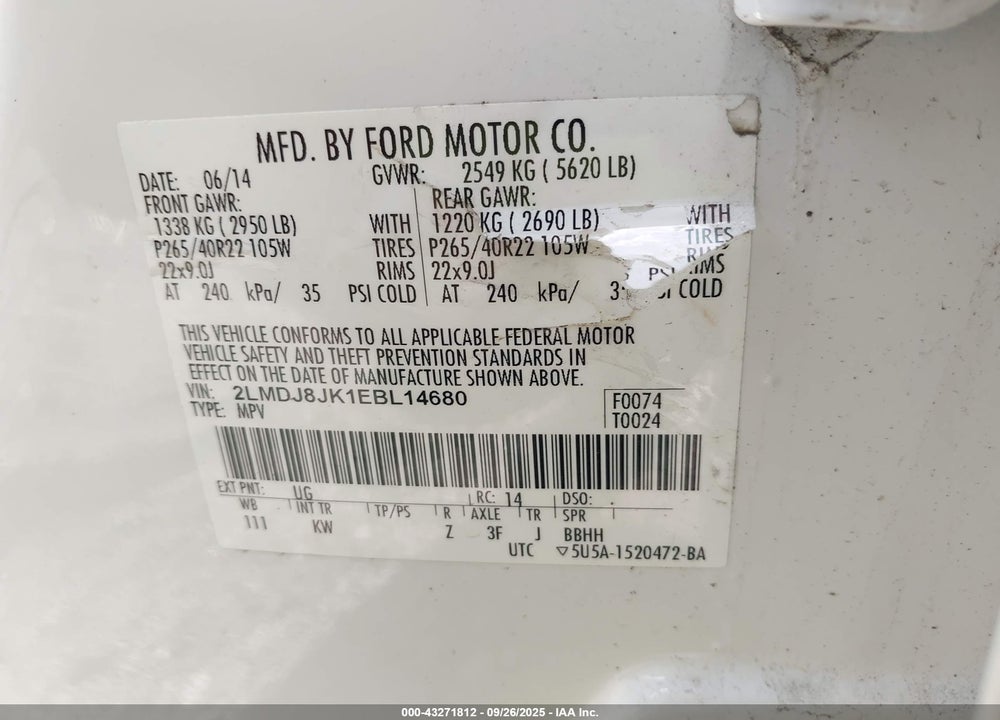 2014 LINCOLN MKX VIN: 2LMDJ8JK1EBL14680