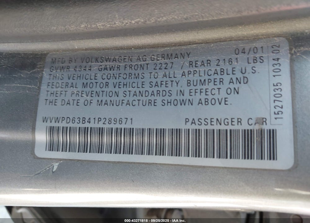 2001 VOLKSWAGEN PASSAT GLS VIN: WVWPD63B41P289671
