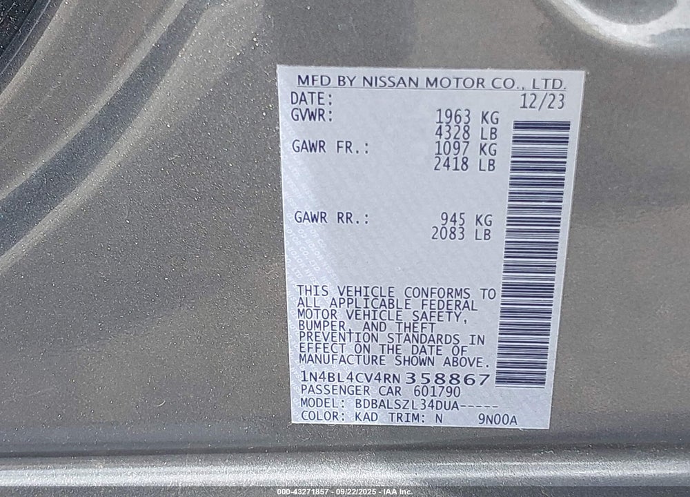 2024 NISSAN ALTIMA VIN: 1N4BL4CV4RN358867