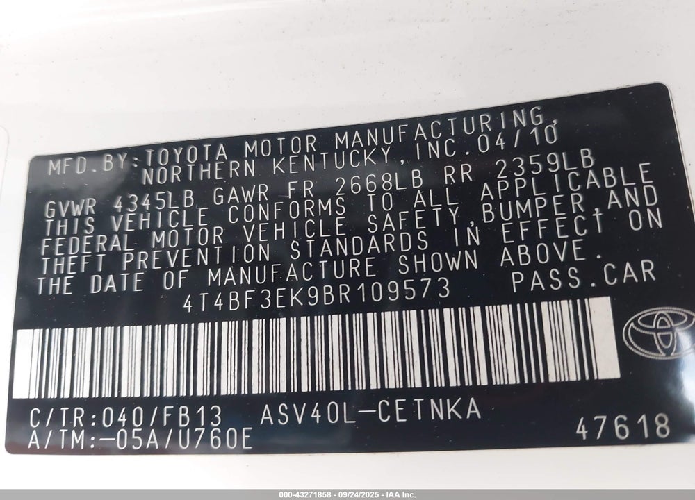2011 TOYOTA CAMRY VIN: 4T4BF3EK9BR109573