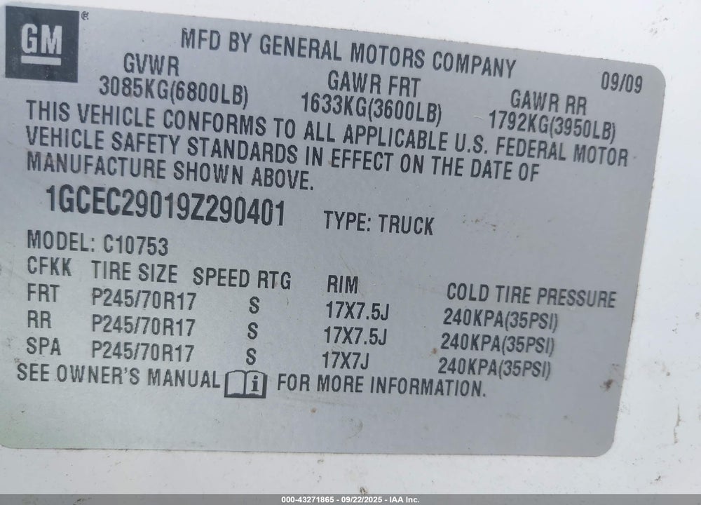 2009 CHEVROLET SILVERADO 1500 LT VIN: 1GCEC29019Z290401