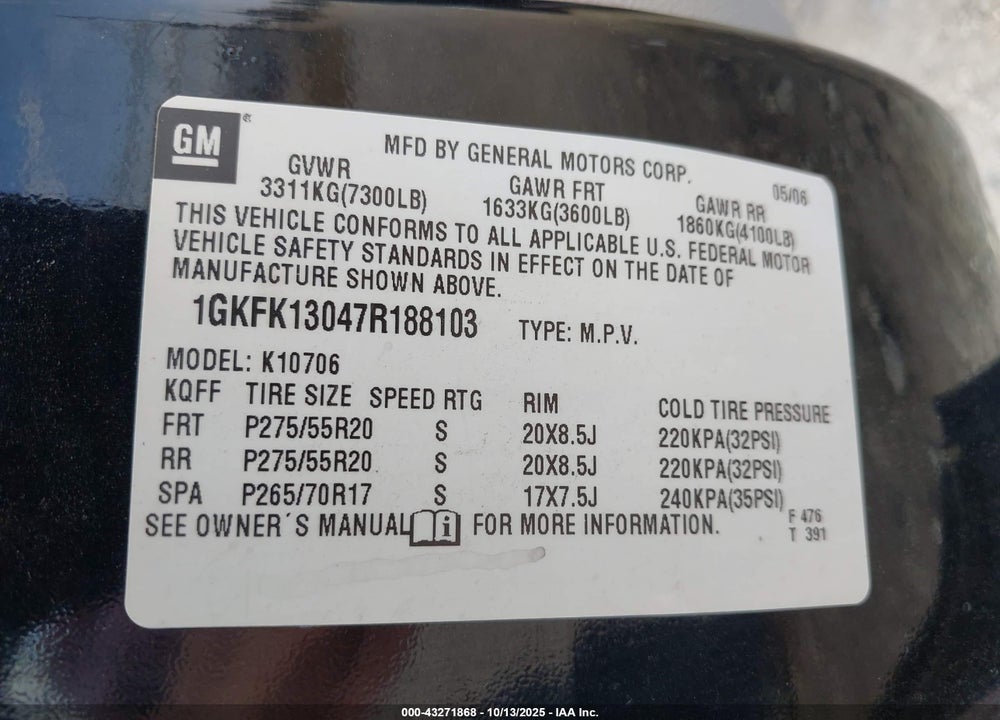 2007 GMC YUKON SLT VIN: 1GKFK13047R188103