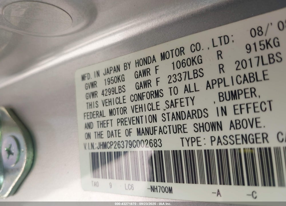 2009 HONDA ACCORD VIN: JHMCP26379C002683