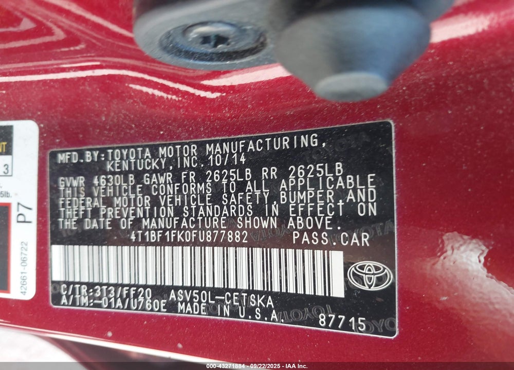 2015 TOYOTA CAMRY VIN: 4T1BF1FK0FU877882