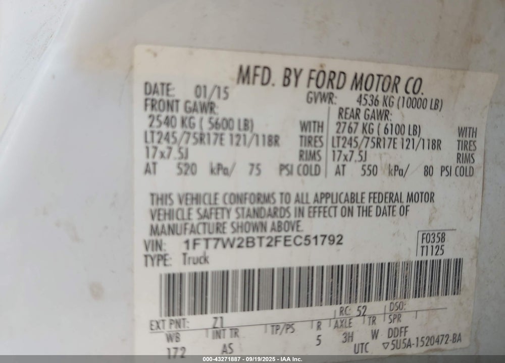 2015 FORD F-250 XL VIN: 1FT7W2BT2FEC51792