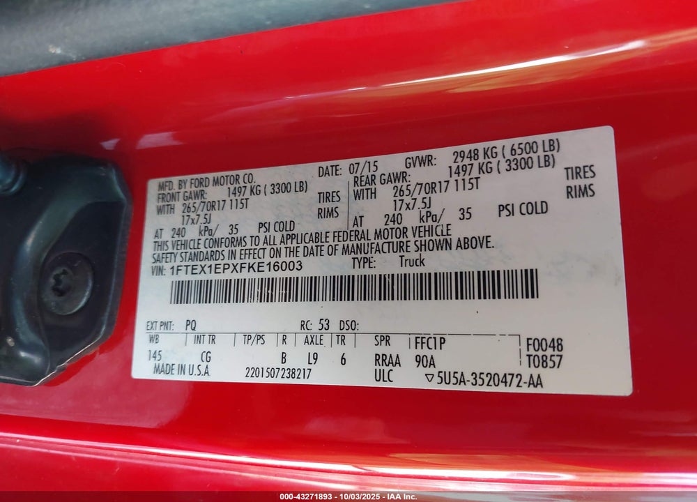 2015 FORD F-150 XL VIN: 1FTEX1EPXFKE16003