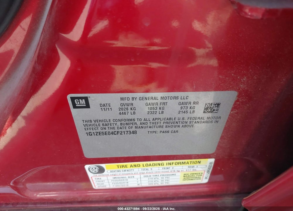 2012 CHEVROLET MALIBU VIN: 1G1ZE5E04CF217348