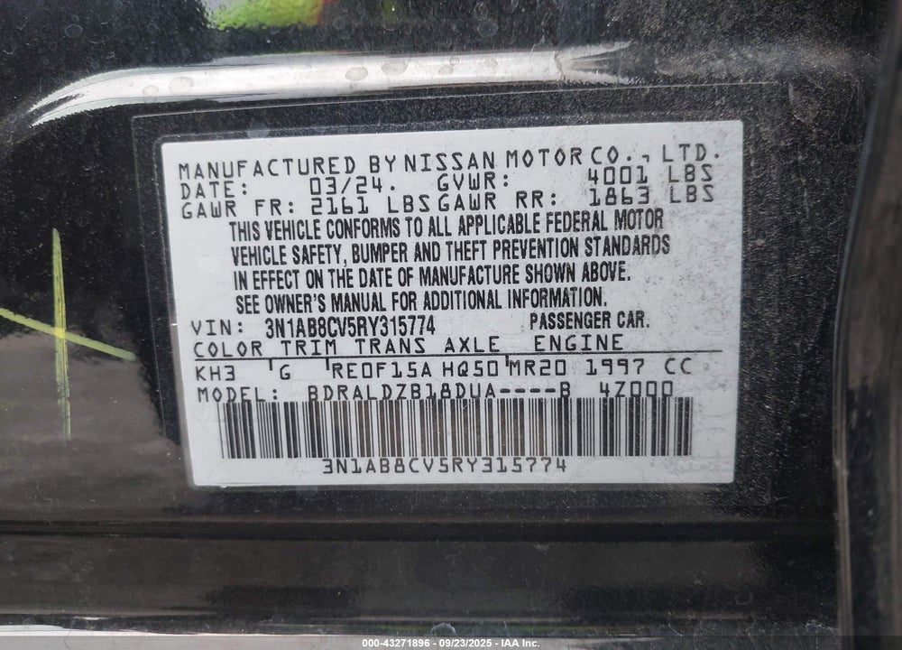 2024 NISSAN SENTRA VIN: 3N1AB8CV5RY315774
