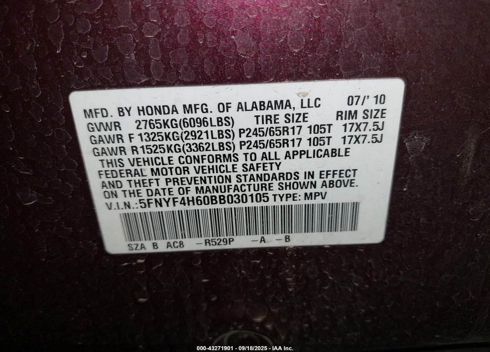 2011 HONDA PILOT VIN: 5FNYF4H60BB030105