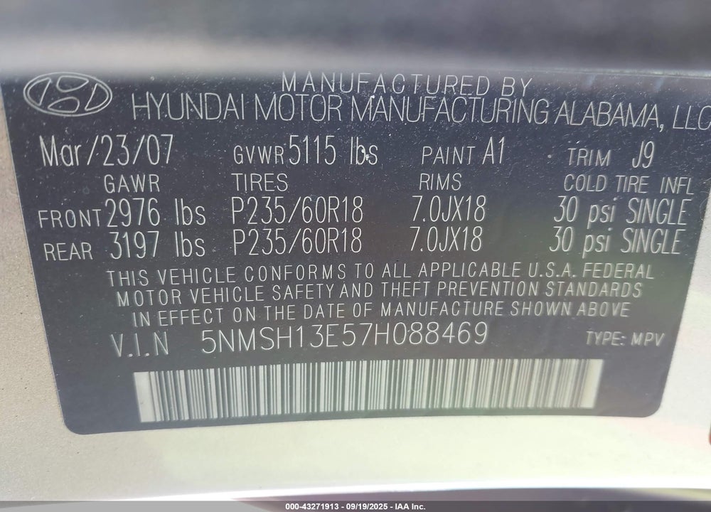 2007 HYUNDAI SANTA FE VIN: 5NMSH13E57H088469