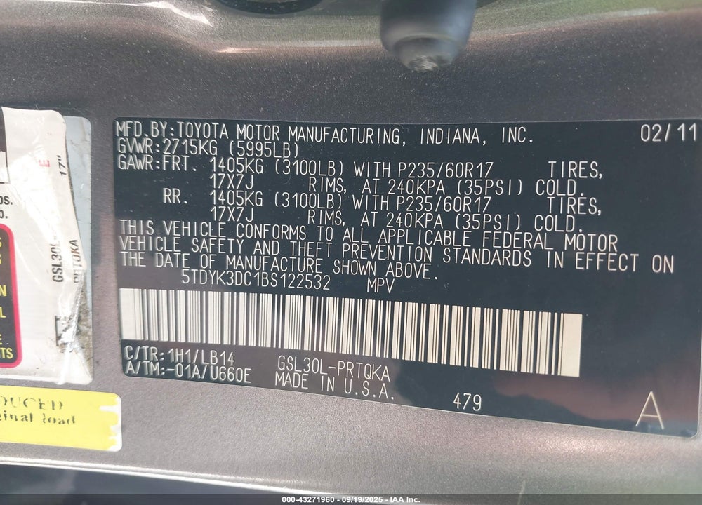 2011 TOYOTA SIENNA XLE V6 VIN: 5TDYK3DC1BS122532