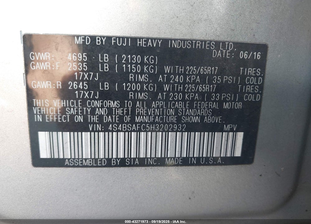 2017 SUBARU OUTBACK VIN: 4S4BSAFC5H3202932