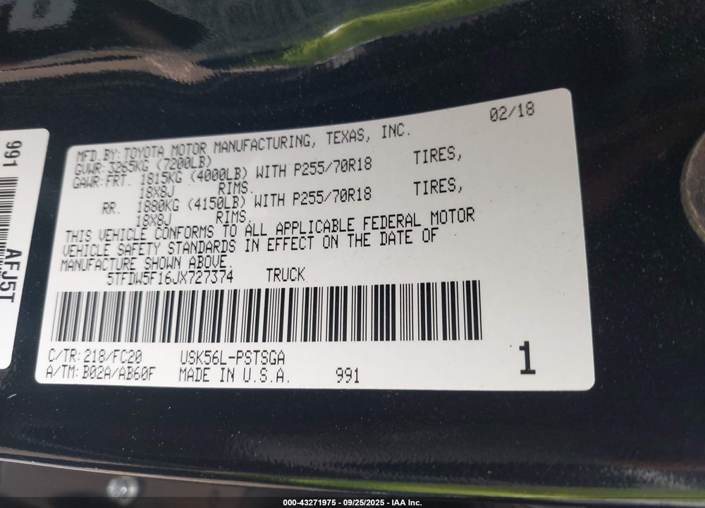 2018 TOYOTA TUNDRA VIN: 5TFDW5F16JX727374