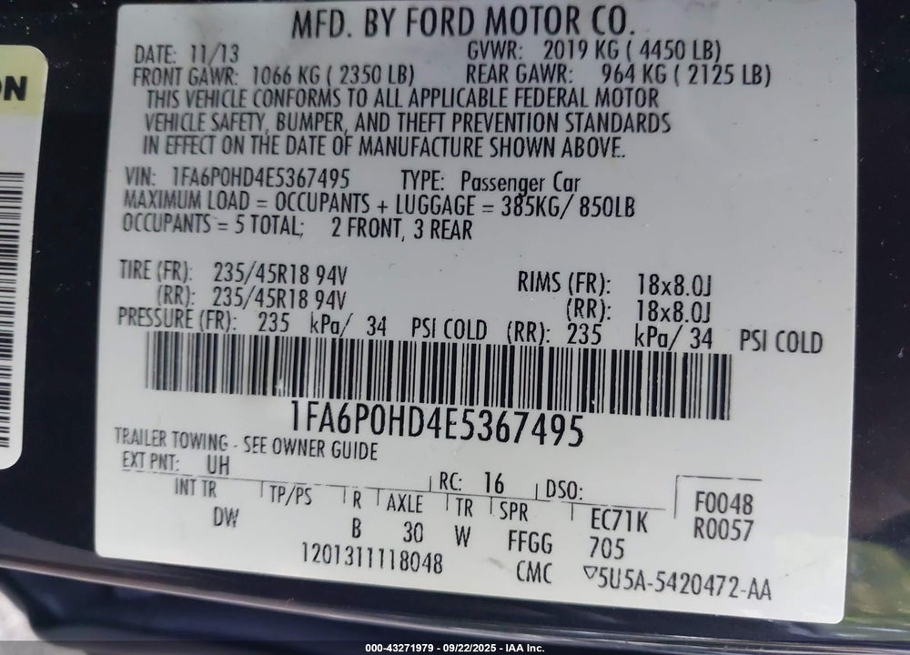 2014 FORD FUSION VIN: 1FA6P0HD4E5367495