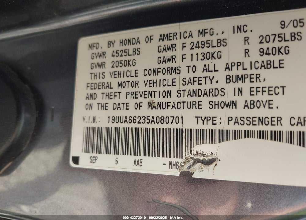 2005 ACURA TL VIN: 19UUA66235A080701