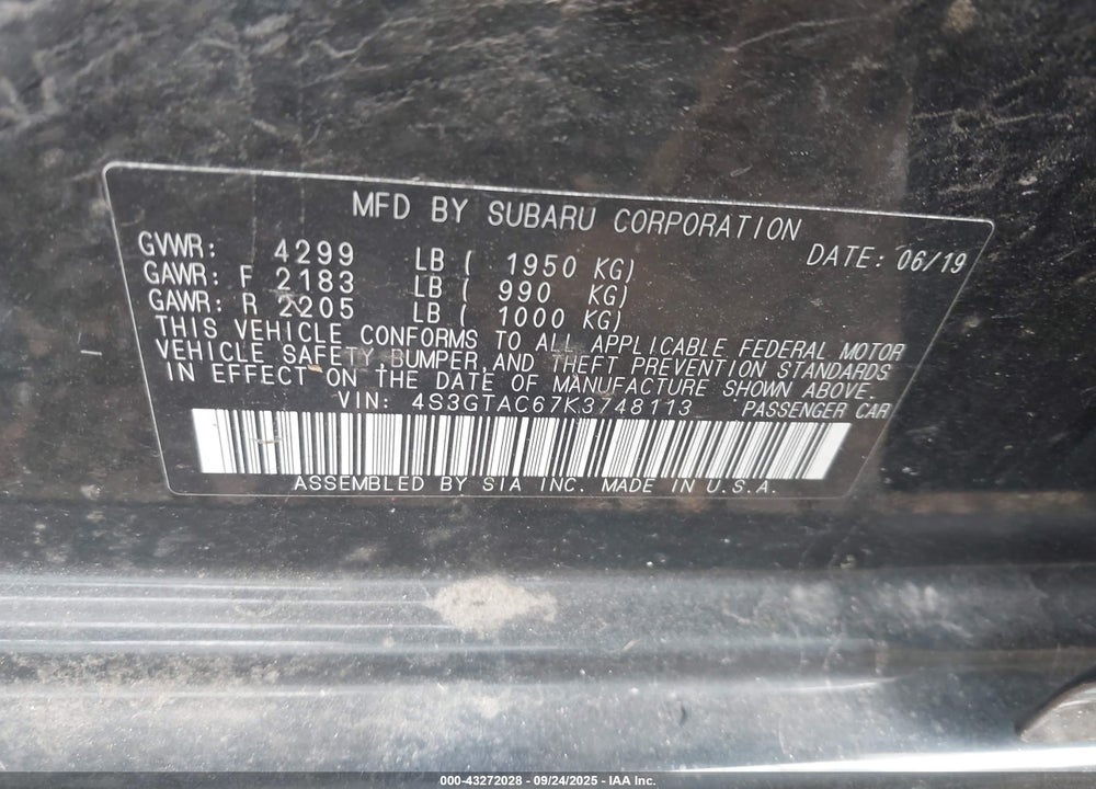 2019 SUBARU IMPREZA VIN: 4S3GTAC67K3748113