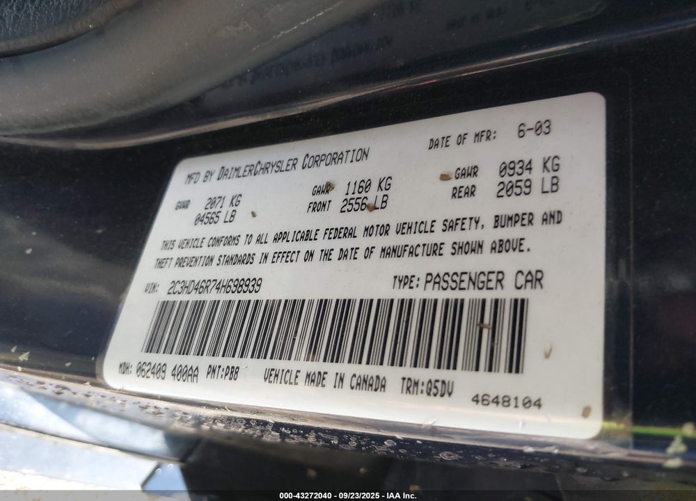 2004 CHRYSLER CONCORDE LX VIN: 2C3HD46R74H698939